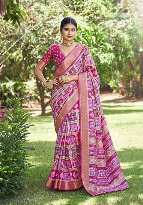 Pink Zari Woven Kalamkari Silk Saree Set