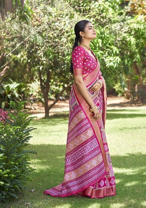 Pink Zari Woven Kalamkari Silk Saree Set
