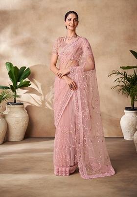 Peach Sequin Thread Embroidered Net Saree Set
