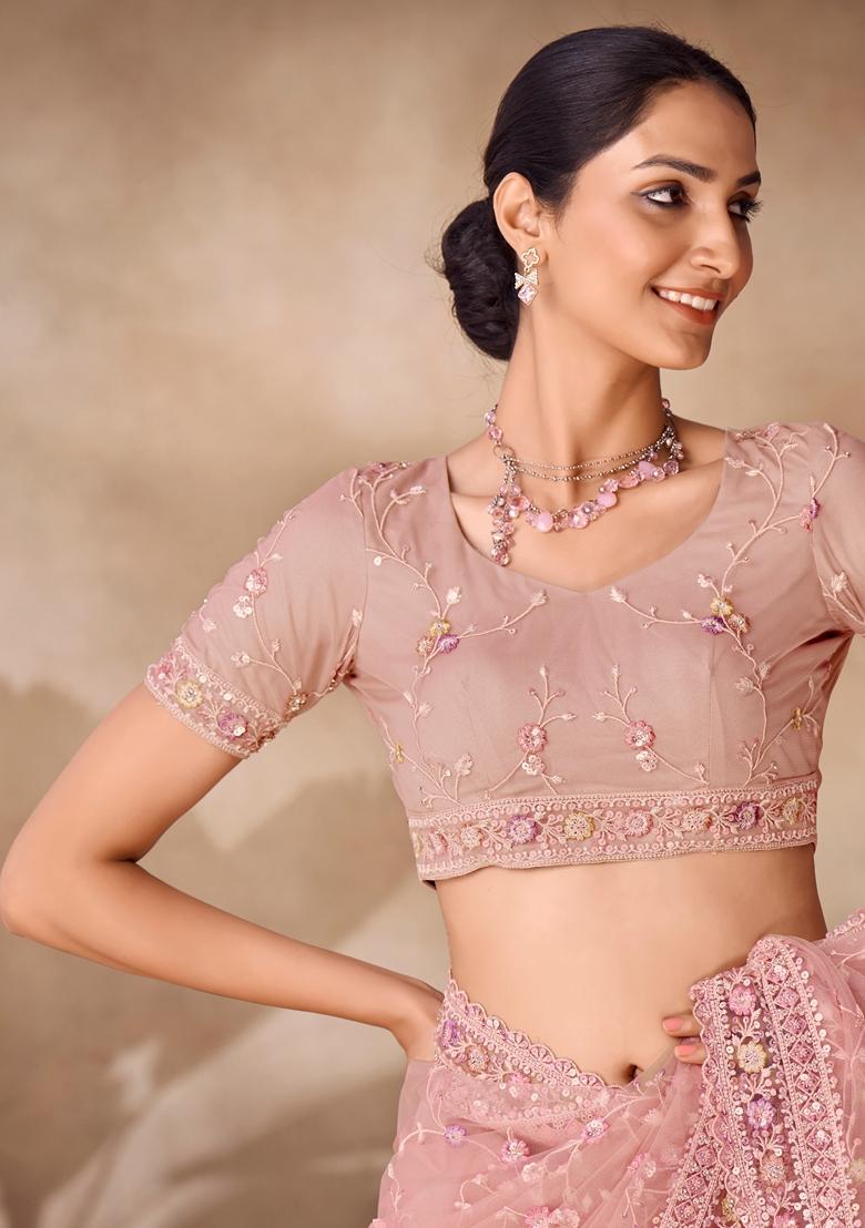 Peach Sequin Thread Embroidered Net Saree Set