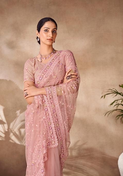 Peach Sequin Thread Embroidered Net Saree Set