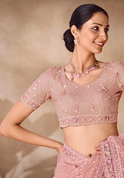 Peach Sequin Thread Embroidered Net Saree Set