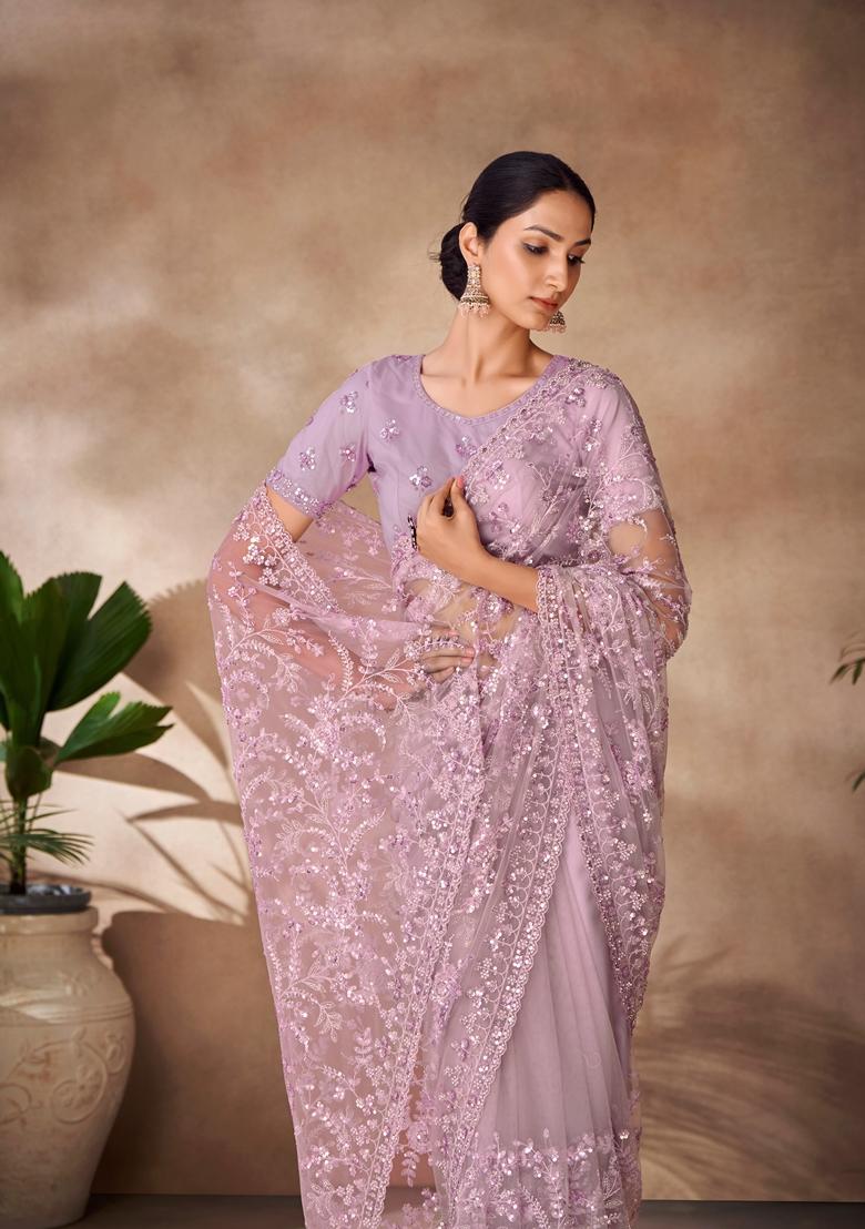 Lilac Sequin Thread Embroidered Net Saree Set