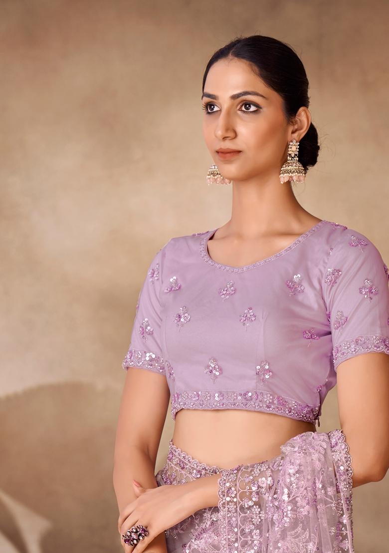 Lilac Sequin Thread Embroidered Net Saree Set