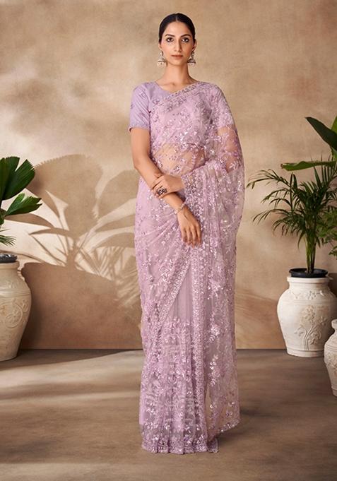 Lilac Sequin Thread Embroidered Net Saree Set