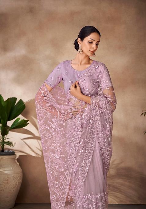 Lilac Sequin Thread Embroidered Net Saree Set