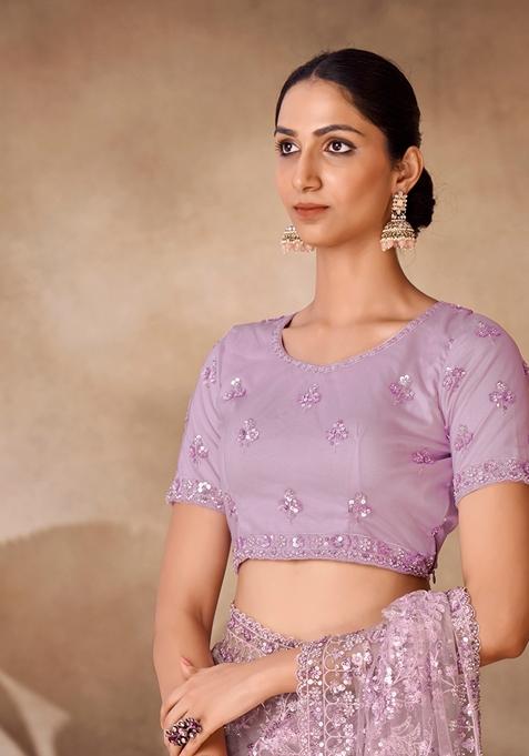 Lilac Sequin Thread Embroidered Net Saree Set