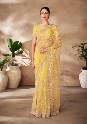 Yellow Sequin Thread Embroidered Net Saree Set