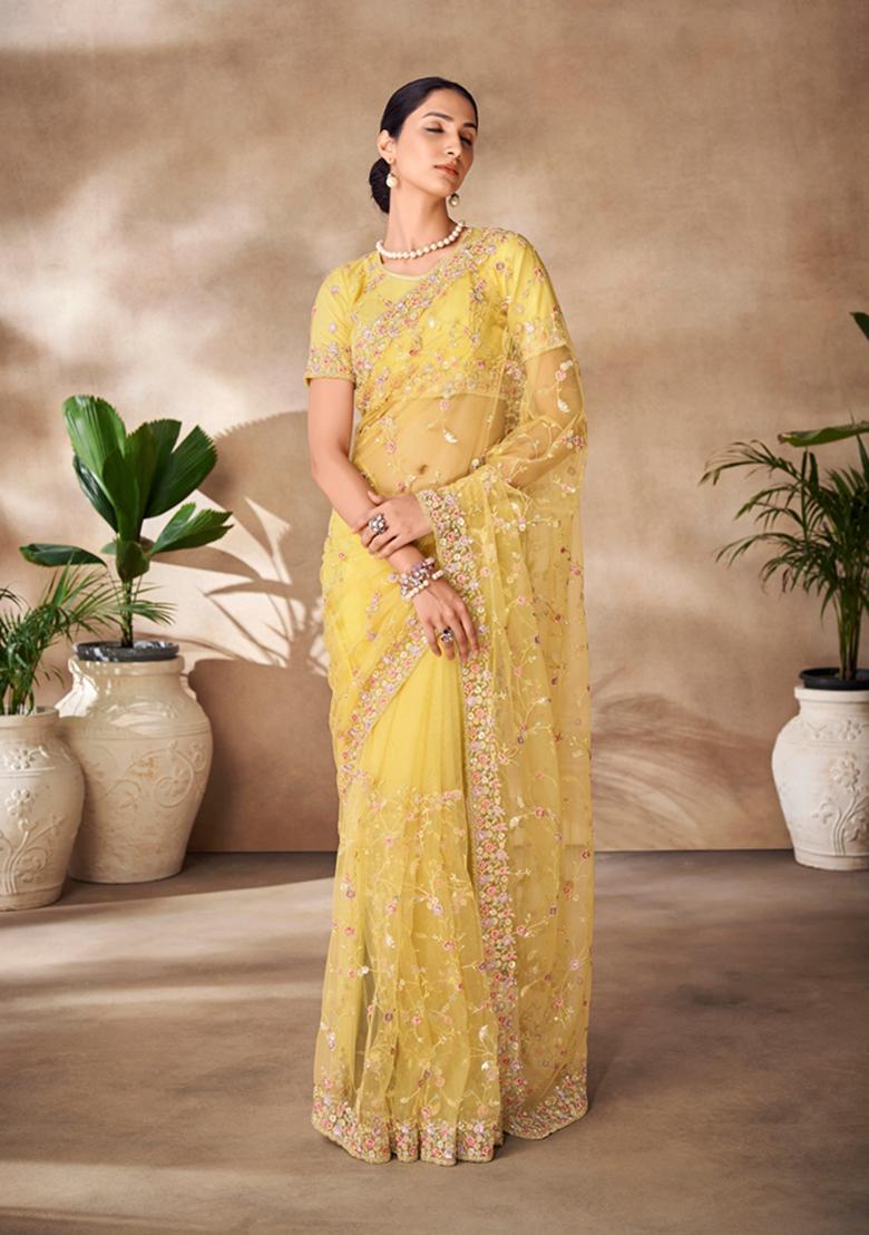 Yellow Sequin Thread Embroidered Net Saree Set