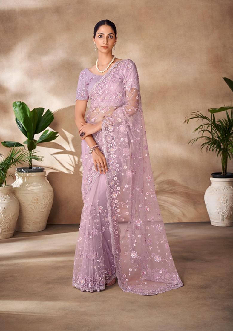 Lilac Sequin Thread Embroidered Net Saree Set