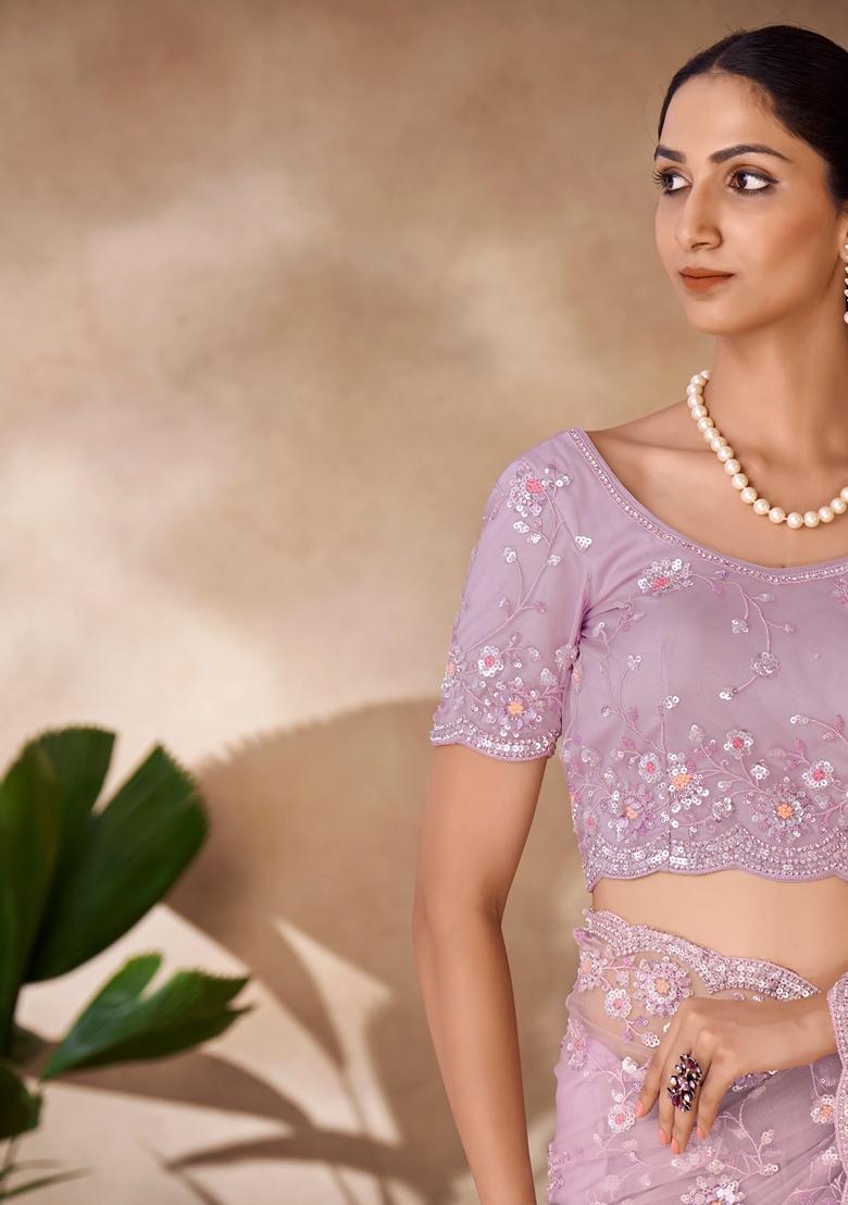 Lilac Sequin Thread Embroidered Net Saree Set