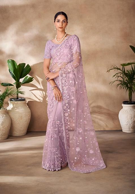 Lilac Sequin Thread Embroidered Net Saree Set