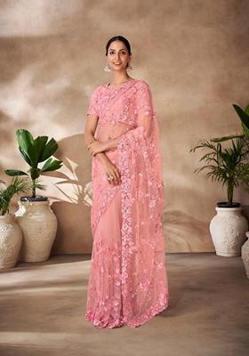 Peach Sequin Thread Embroidered Net Saree Set