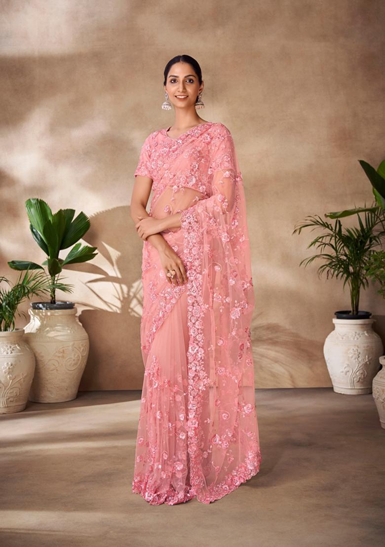 Peach Sequin Thread Embroidered Net Saree Set