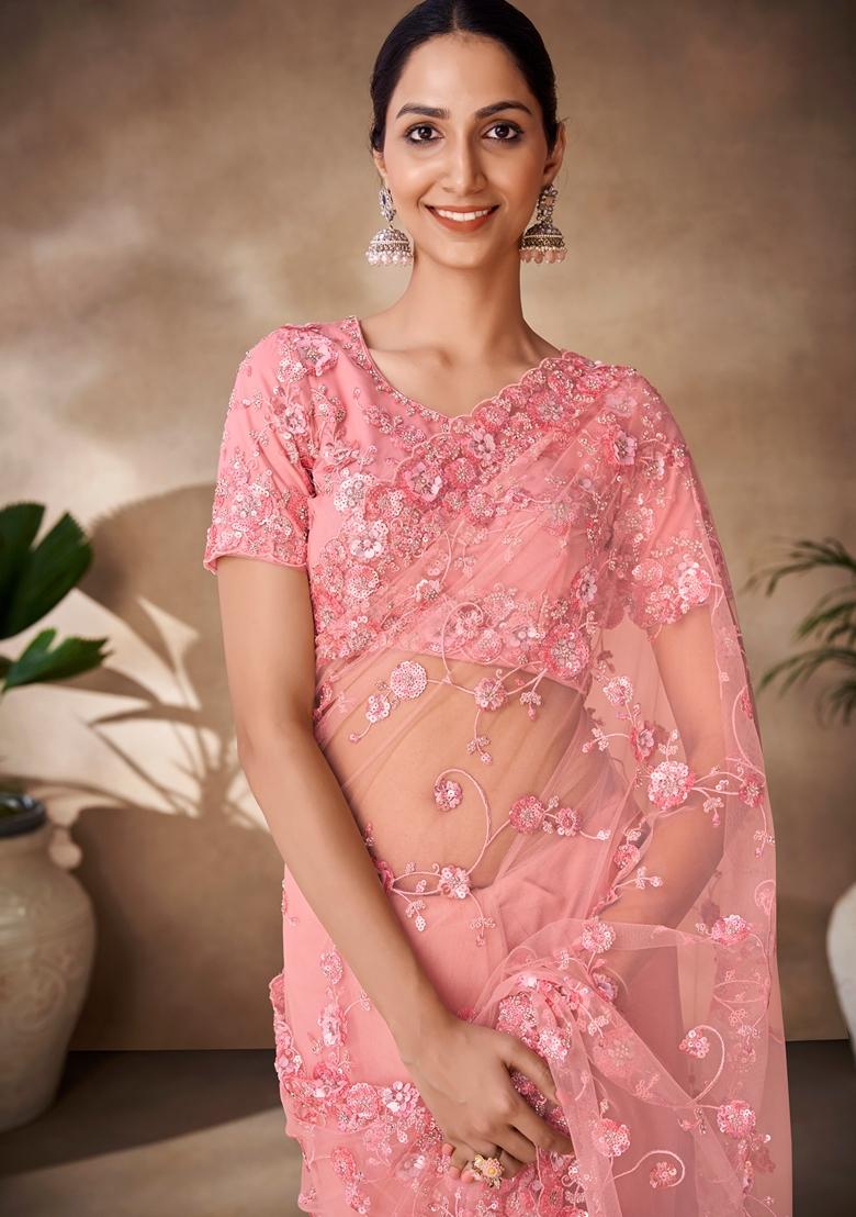 Peach Sequin Thread Embroidered Net Saree Set
