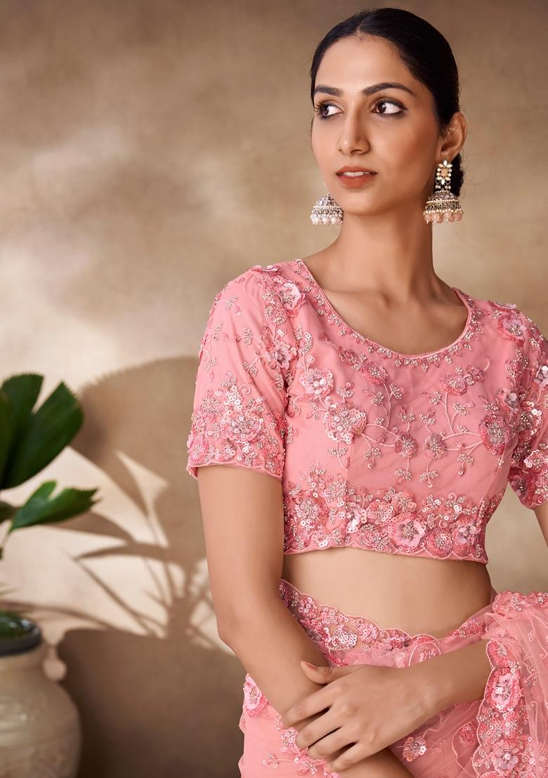 Peach Sequin Thread Embroidered Net Saree Set