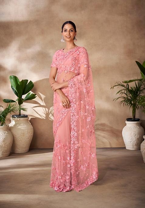 Peach Sequin Thread Embroidered Net Saree Set