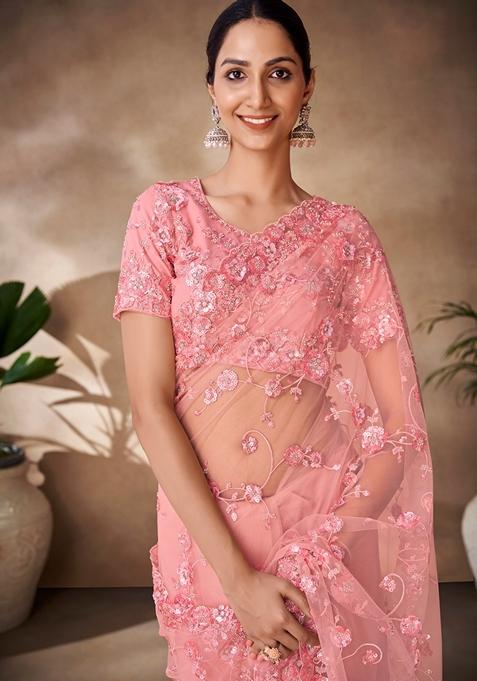 Peach Sequin Thread Embroidered Net Saree Set