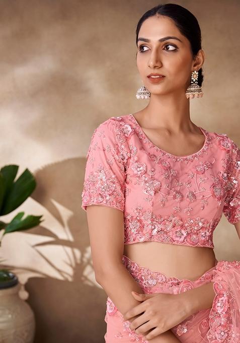 Peach Sequin Thread Embroidered Net Saree Set