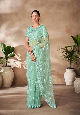 Mint Green Sequin Thread Embroidered Net Saree Set