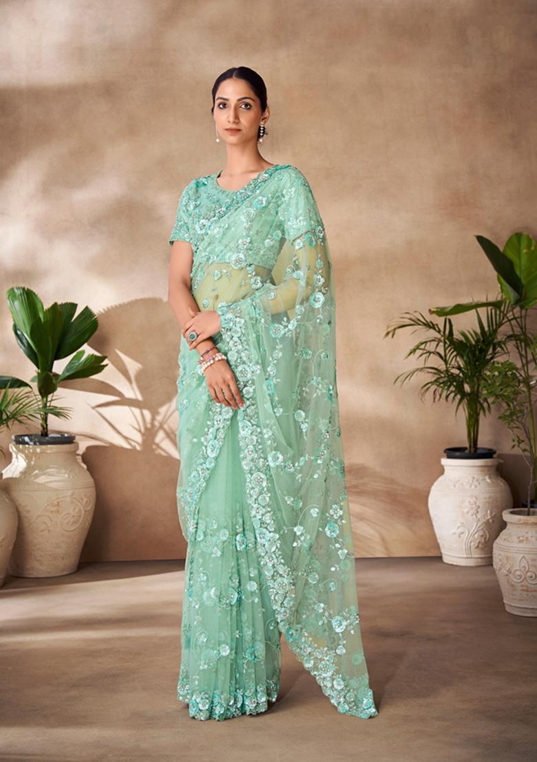 Mint Green Sequin Thread Embroidered Net Saree Set