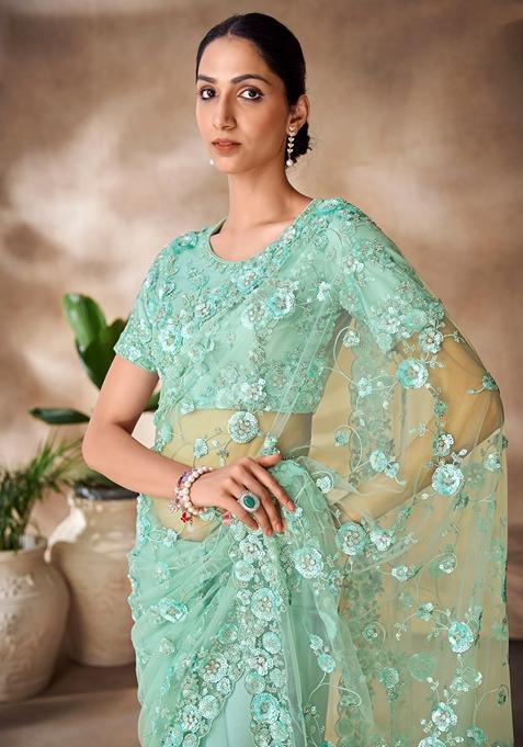 Mint Green Sequin Thread Embroidered Net Saree Set