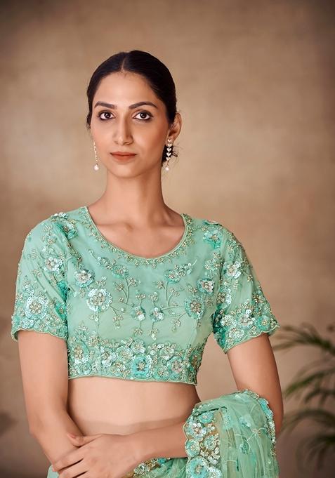 Mint Green Sequin Thread Embroidered Net Saree Set