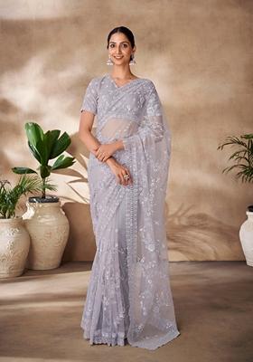 Grey Sequin Thread Embroidered Net Saree Set