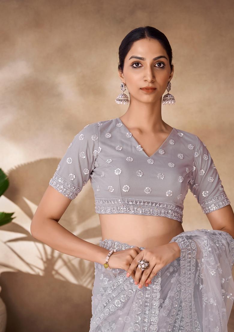 Grey Sequin Thread Embroidered Net Saree Set