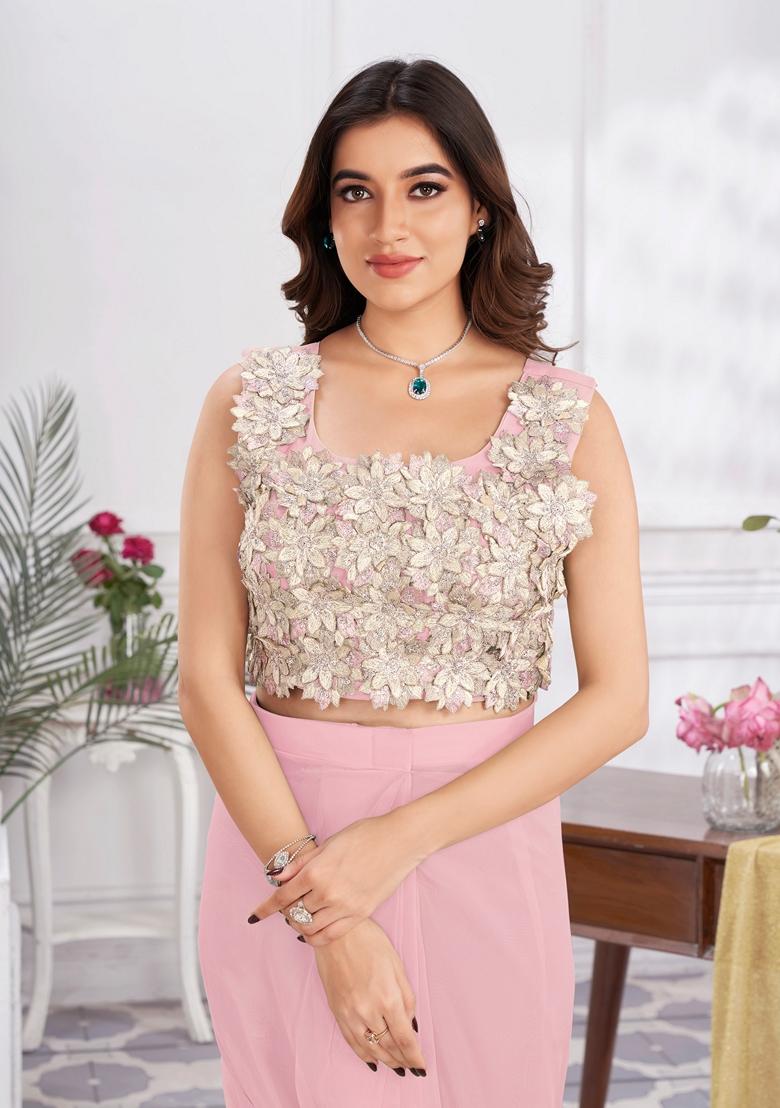 Pink Sequin Embroidered Shimmer Georgette Saree Set