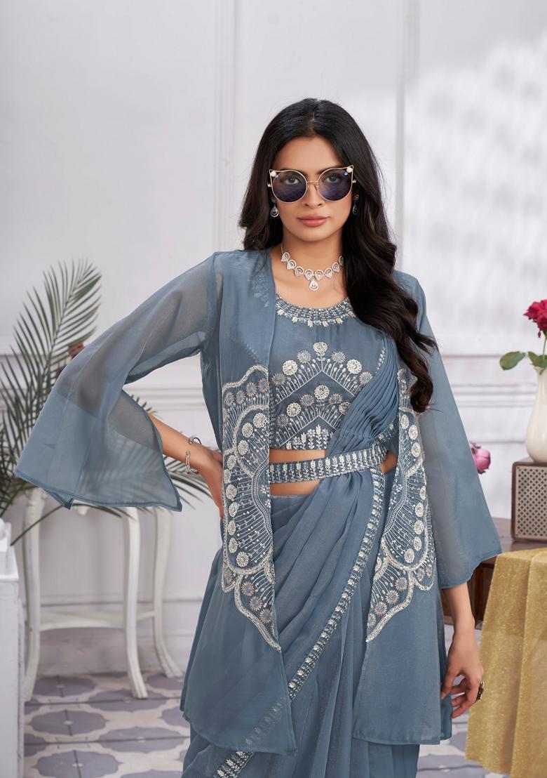 Grey Sequin Embroidered Organza Saree Set