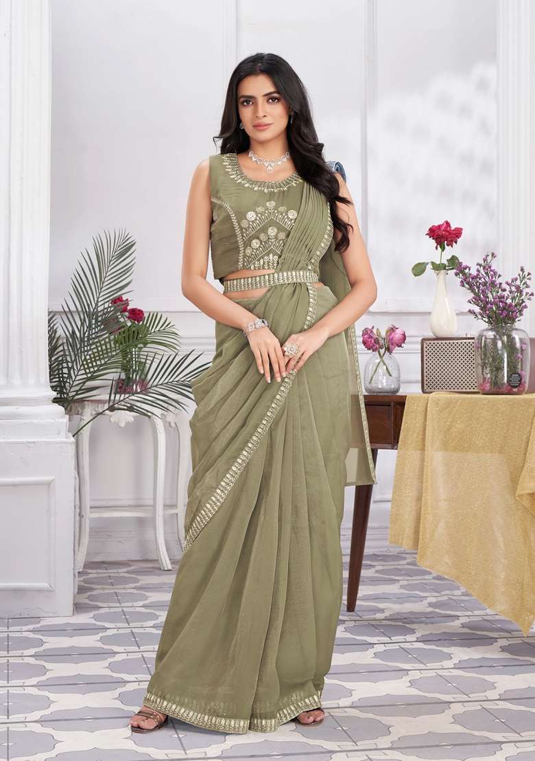 Green Sequin Embroidered Organza Saree Set - Indya