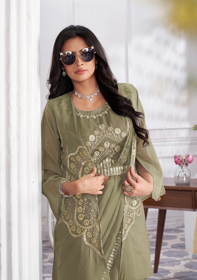 Green Sequin Embroidered Organza Saree Set