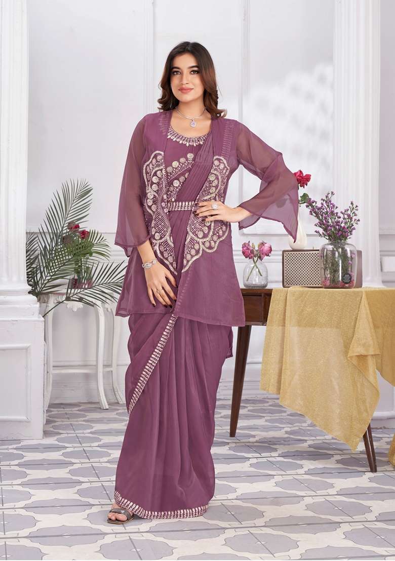 Wine Sequin Embroidered Organza Saree Set - Indya