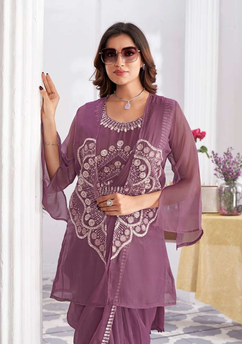 Wine Sequin Embroidered Organza Saree Set - Indya