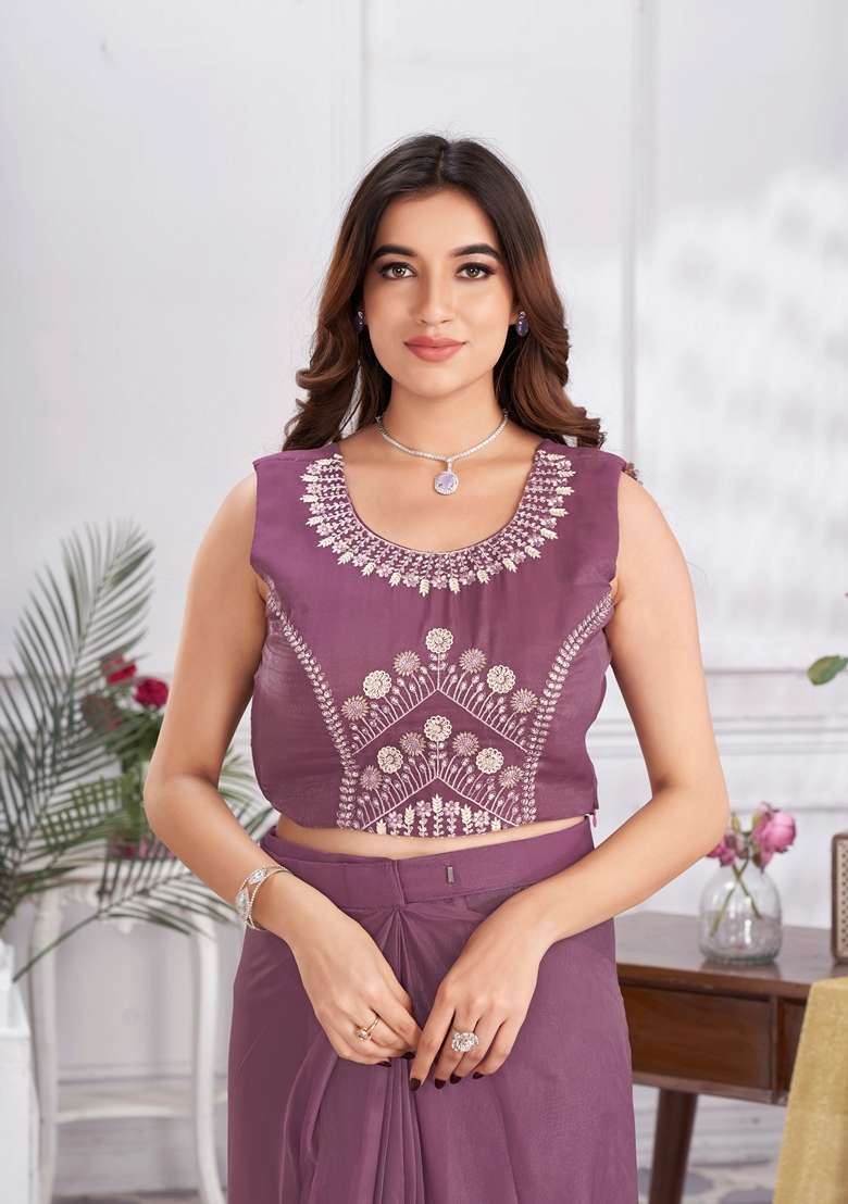 Wine Sequin Embroidered Organza Saree Set - Indya