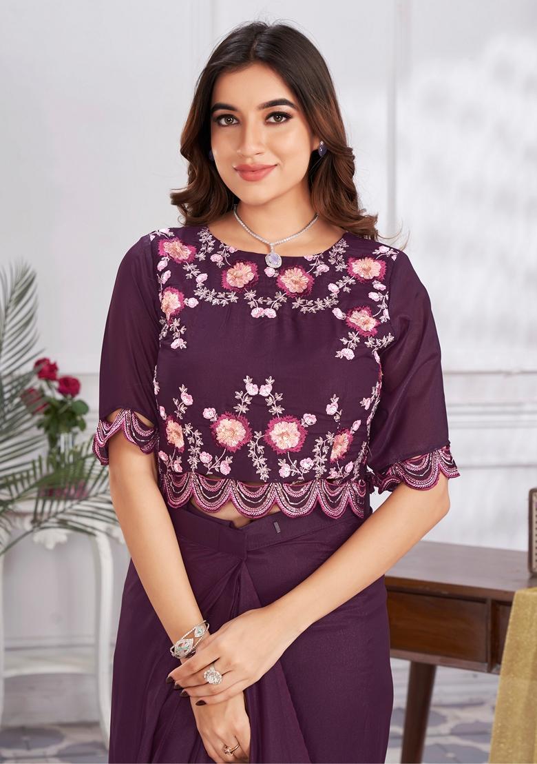 Wine Sequin Embroidered Shimmer Georgette Saree Set