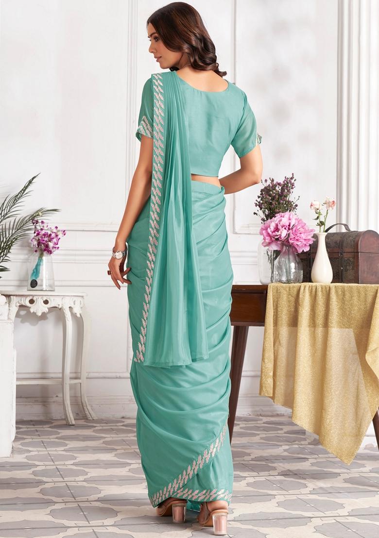 Aqua Blue Sequin Embroidered Satin Silk Saree Set