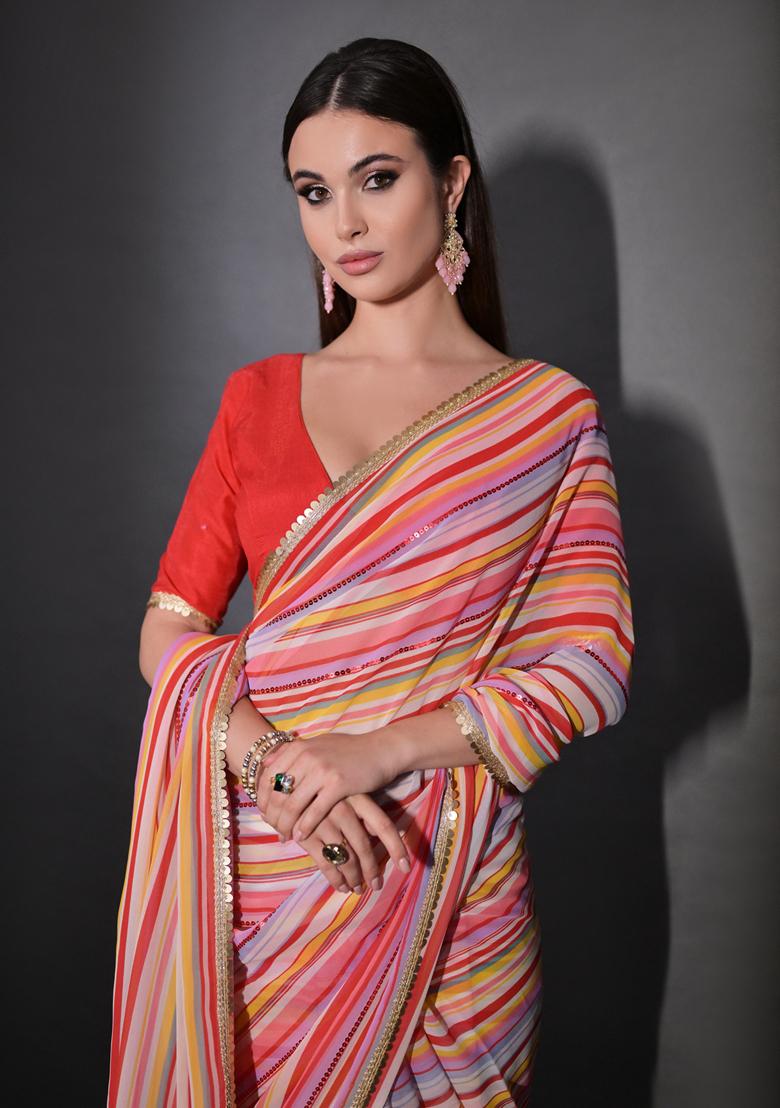 Multicolor Sequin Embroidered Georgette Saree Set