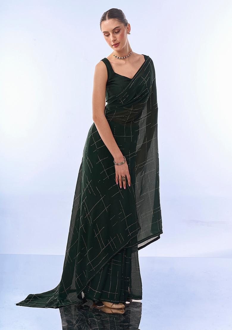 Green Swarovski Work Satin Chiffon Saree Set