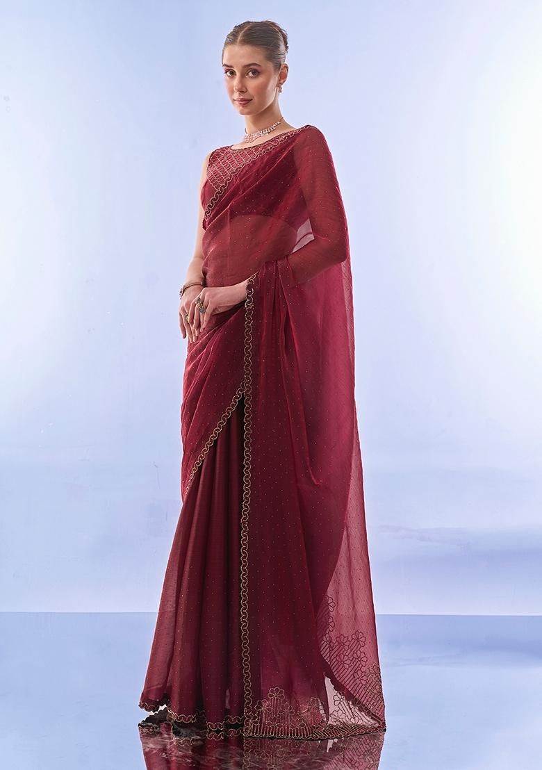 Maroon Swarovski Work Burberry Silk Saree Set
