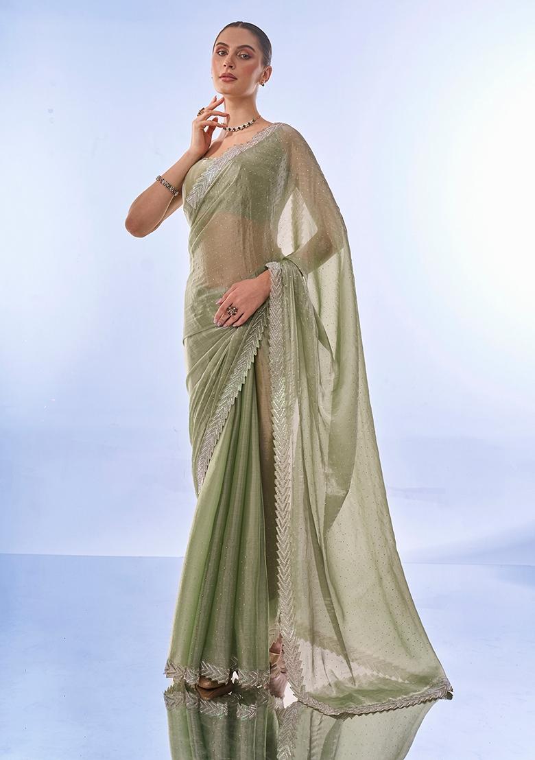 Pista Green Swarovski Work Burberry Silk Saree Set