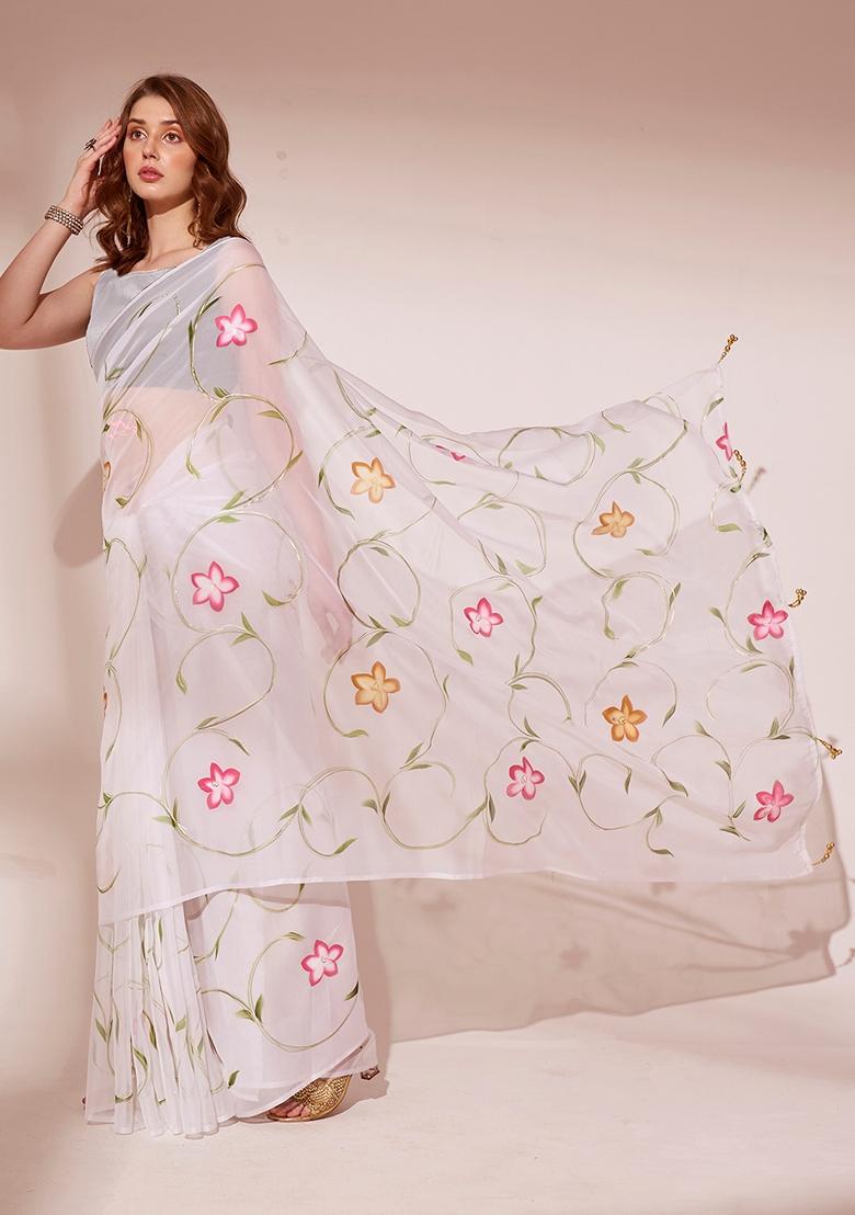 Off White Printed Organza Saree Set