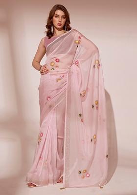 Pink Printed Organza Saree Set