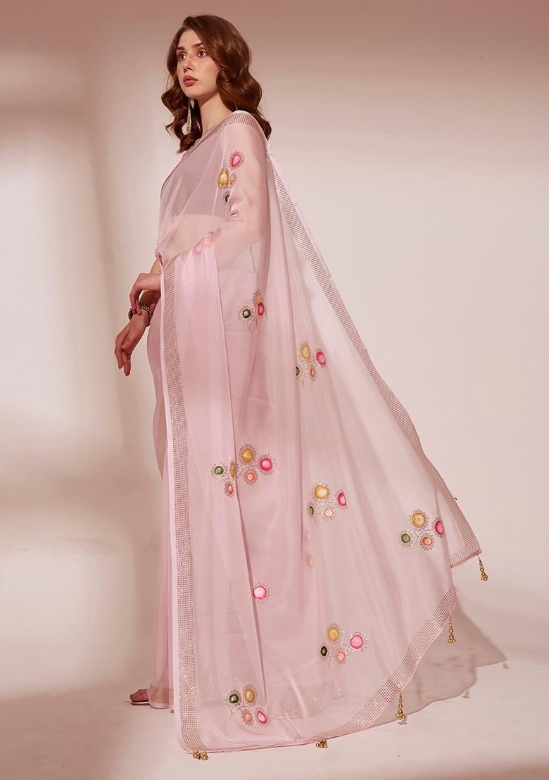 Pink Printed Organza Saree Set