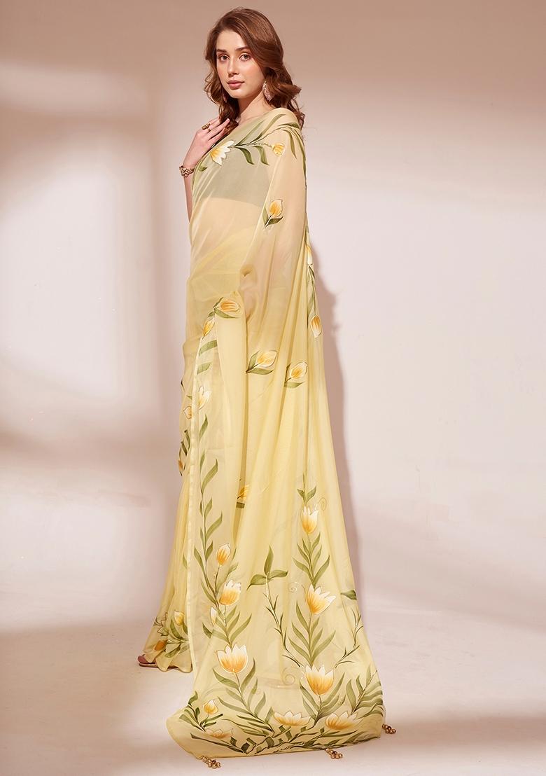 Yellow Printed Organza Saree Set
