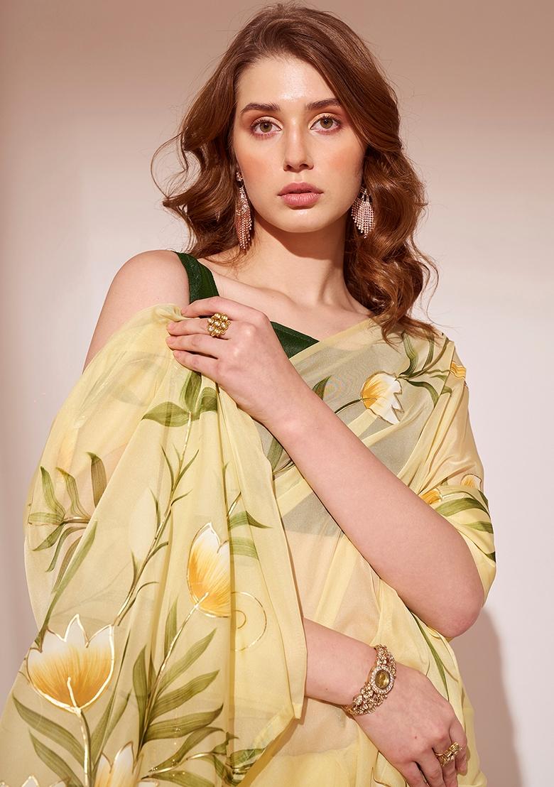 Yellow Printed Organza Saree Set