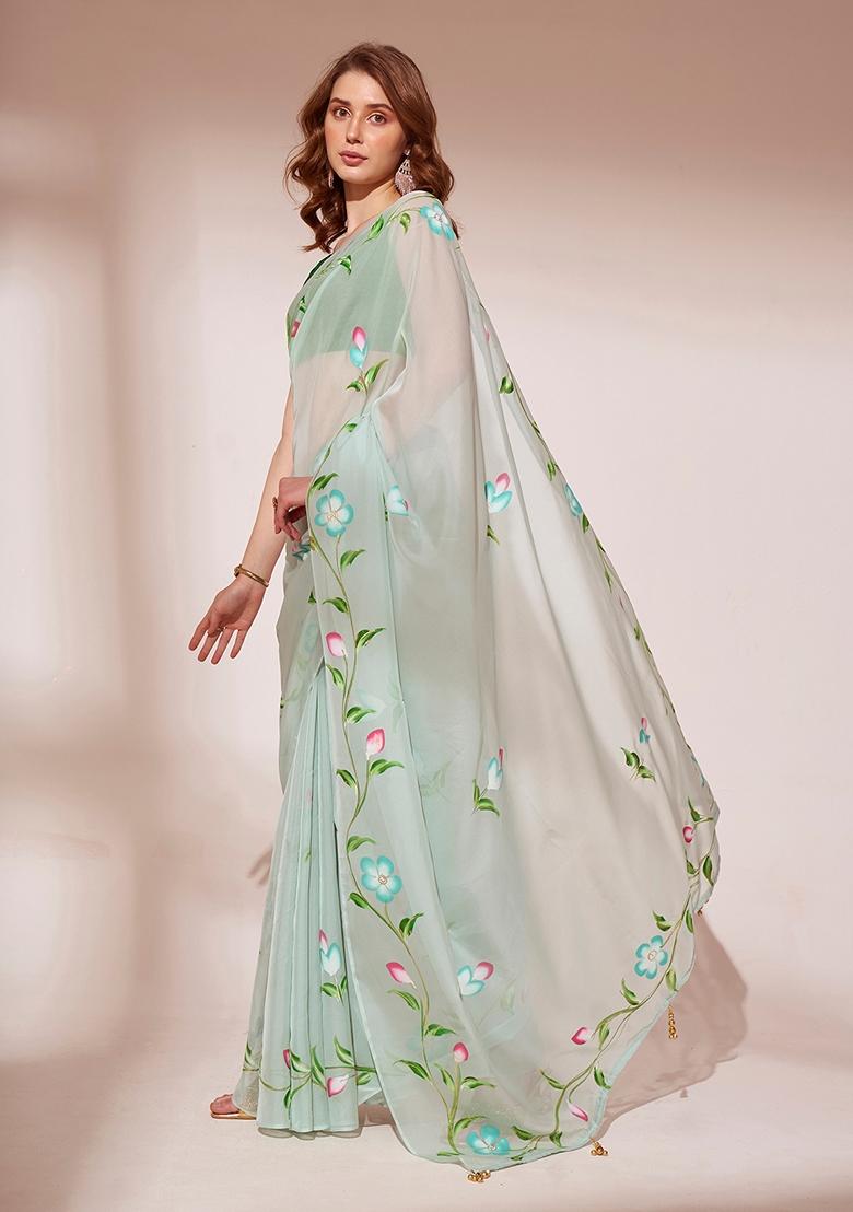 Pista Green Printed Organza Saree Set