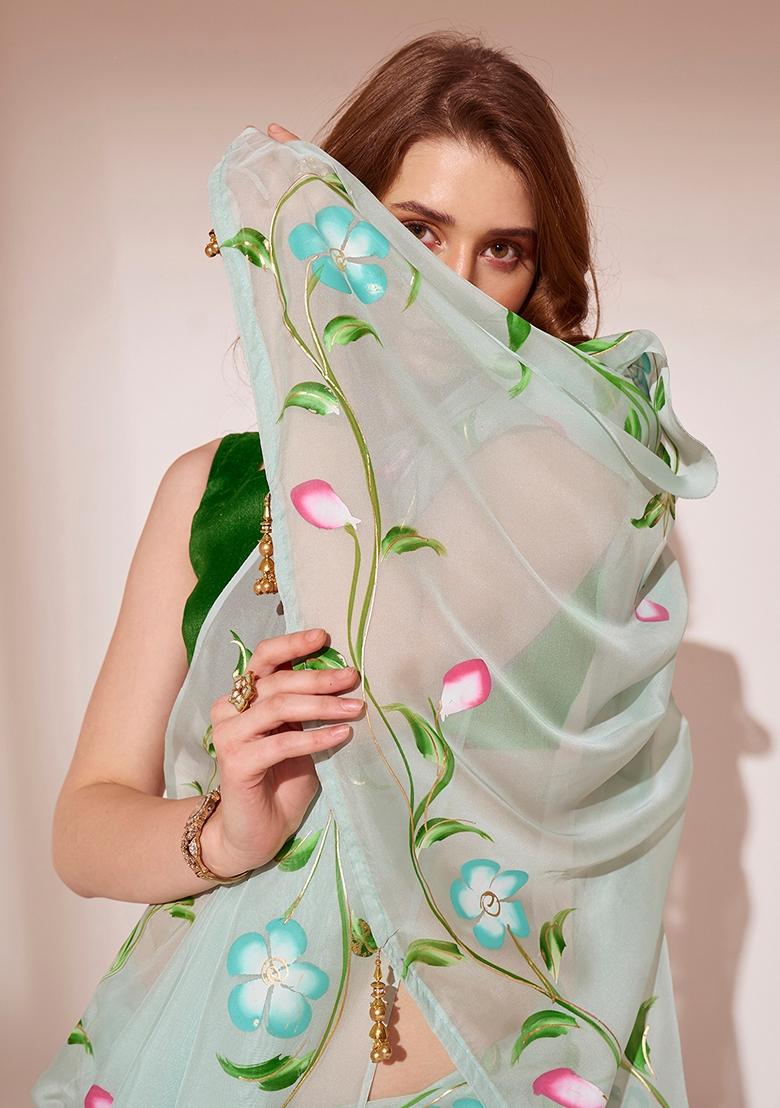 Pista Green Printed Organza Saree Set