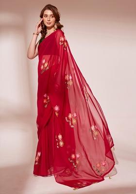 Red Printed Organza Saree Set